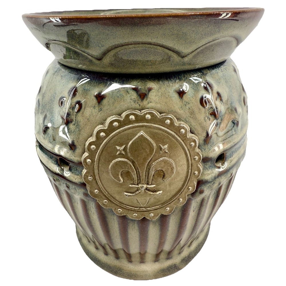 Scentsy Charlemagne Wax Warmer‎ Fleur-de-Lis Blue-Green Brown Retired 2010 EUC